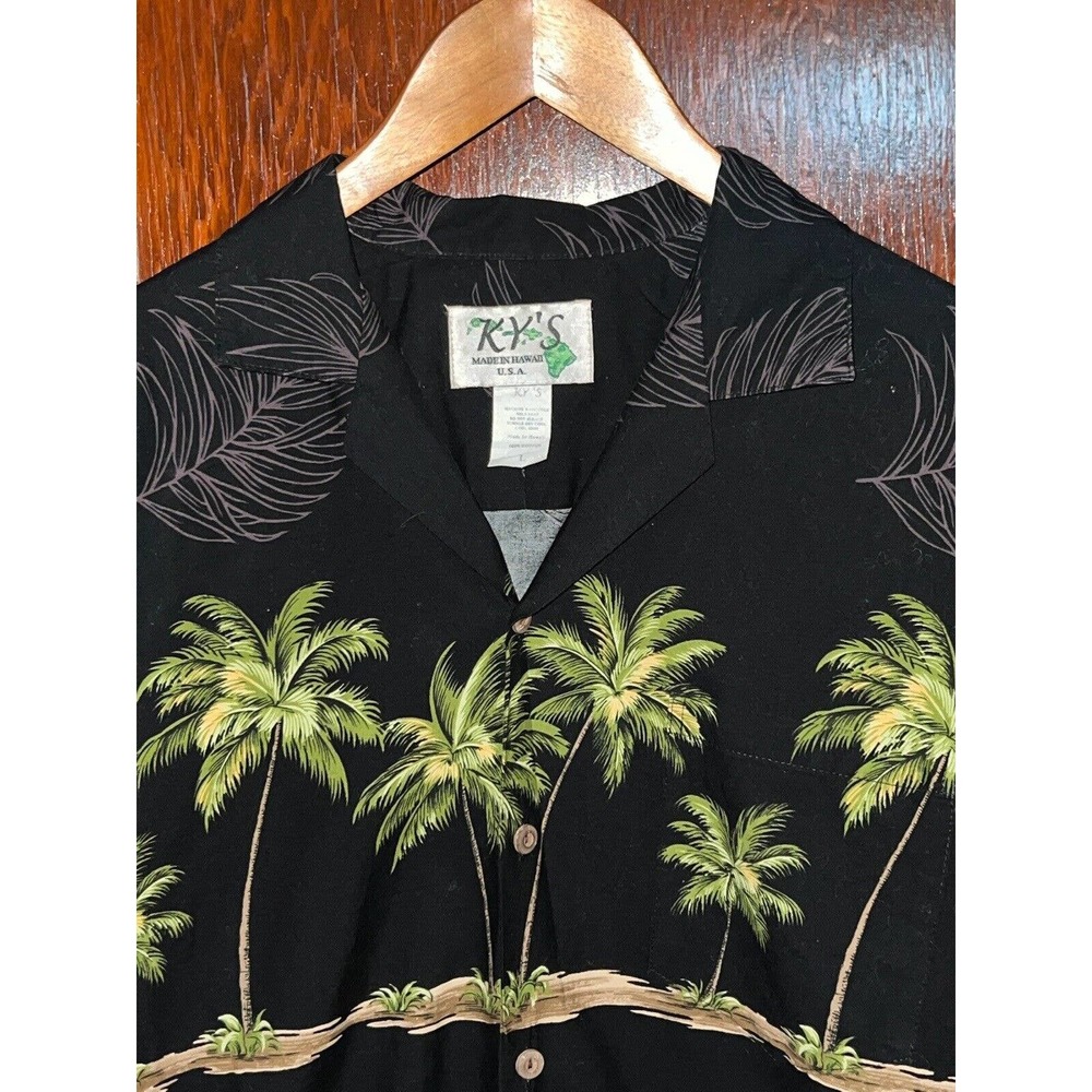 KY'S SHIRT BLACK PALM TREE S/S COTTON HAWAIIAN ALOHA MADE IN HAWAII USA LARGE L